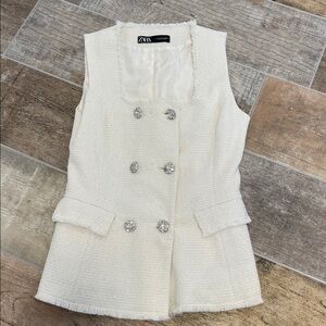 Zara Ivory Tweed Vest with Rhinestone Buttons Womens Size Medium M